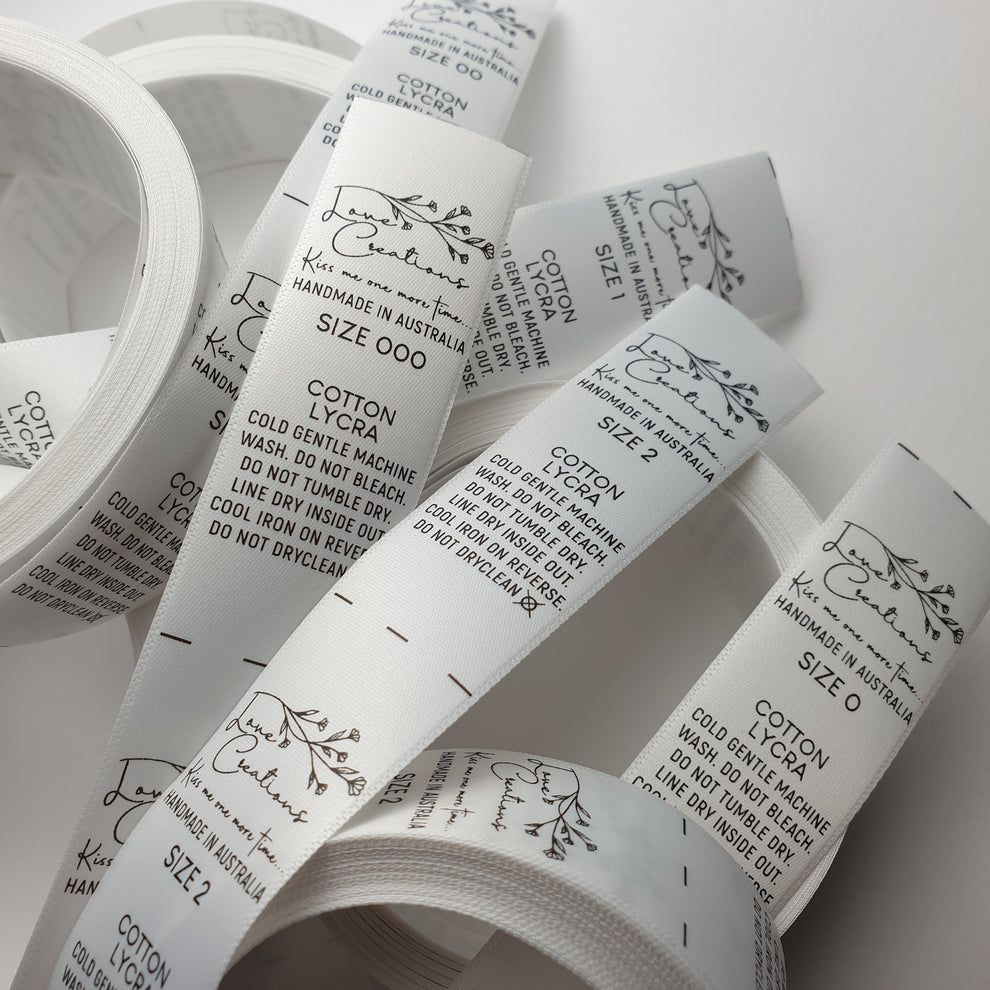 ~WHITE SATIN - STANDARD PRINT - FABRIC LABELS – Workroom Labels