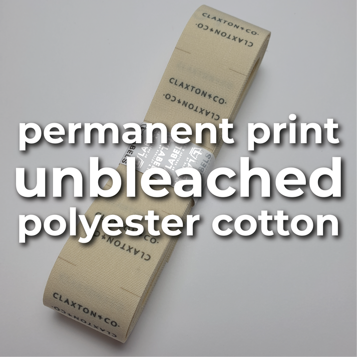 PC - Unbleached polyester cotton blend material (permanent print) / 32mm wide unbleached polyester cotton material (only width available in this material) / a) SHORT - Labels use between 0 to 44mm of material per label